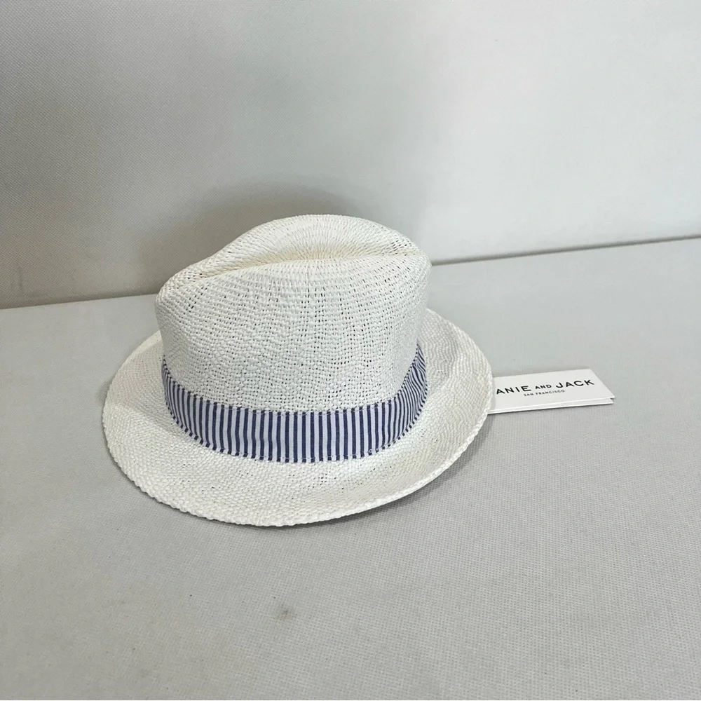 Janie And Jack Fedora Straw Hat Blue Striped Around Detail Kids Size 6-12 Months